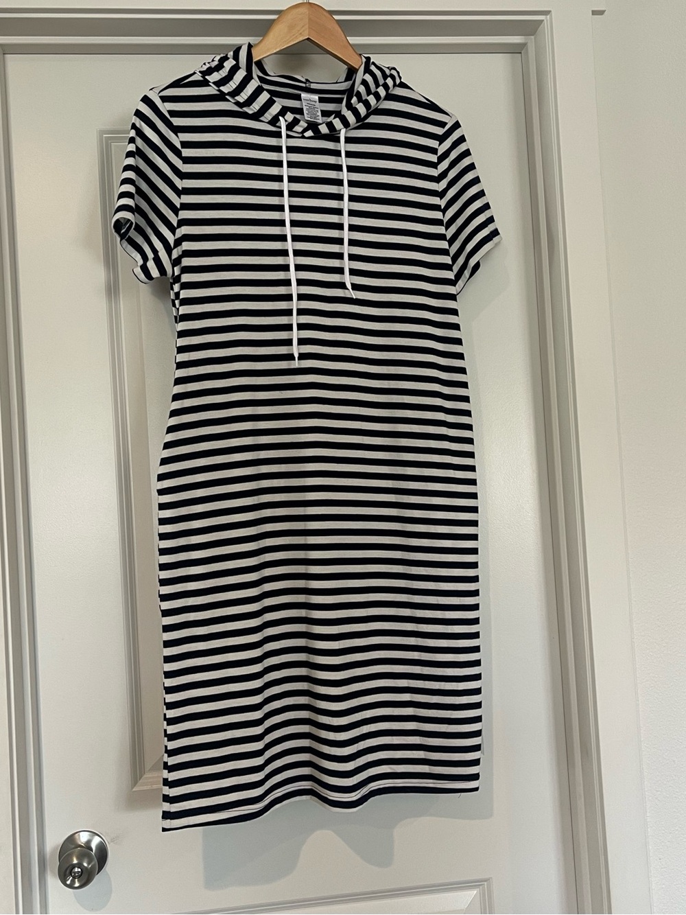West Loop Navy and White Striped Hooded Dress with Pockets